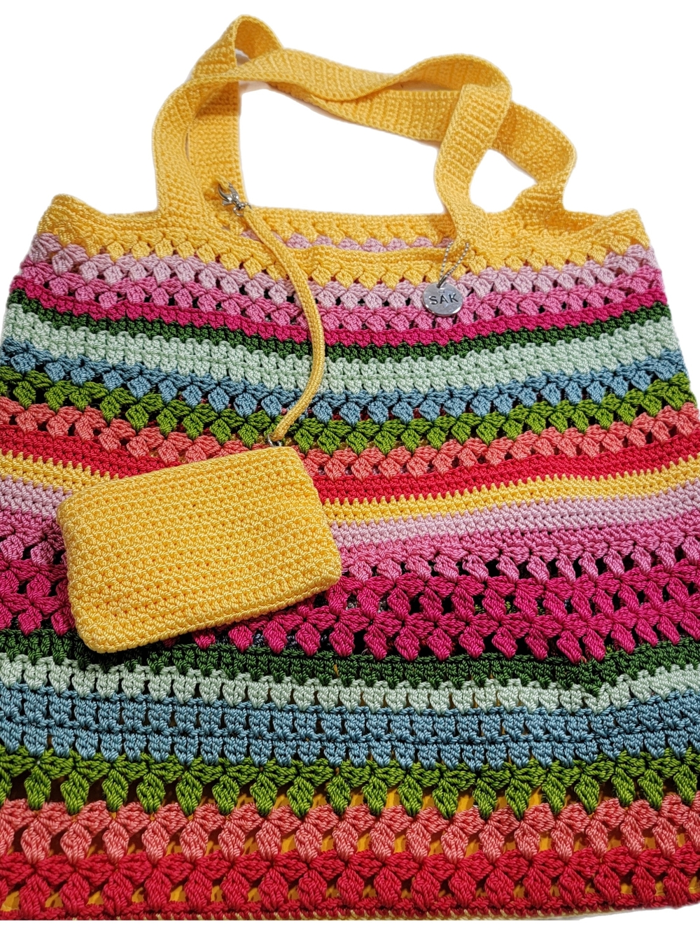 Handmade Yellow Multicolor Crochet Tote Bag with Matching PouchThe Sak